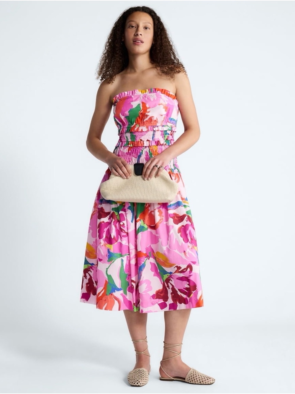 Strapless Pink Floral Midi Dress with Smocked Bodice
